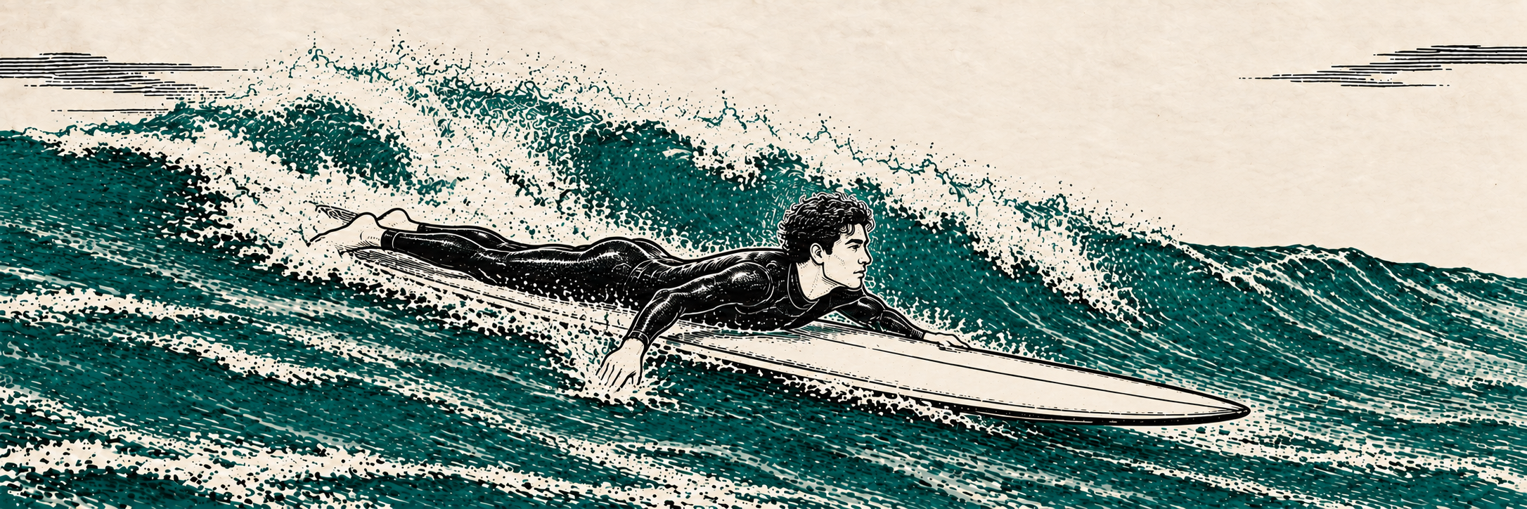 A surfer paddling down the face of a wave as it lifts the board, moments before riding, in black and teal woodcut style.