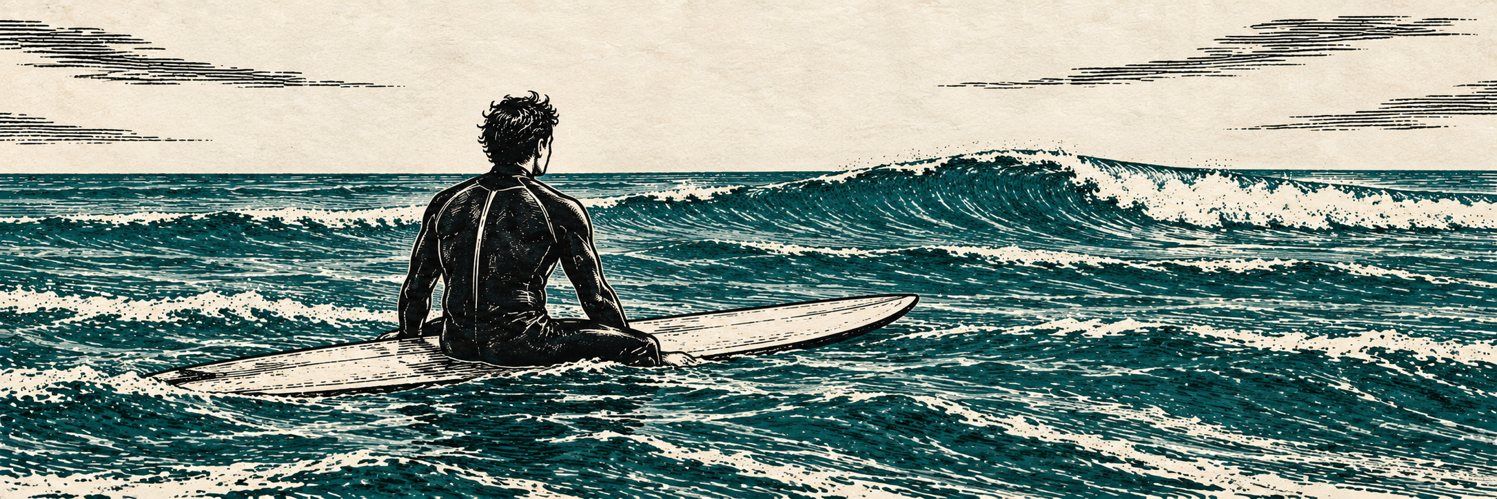 A surfer sitting on a floating board and watching the incoming waves, in black and teal woodcut style.