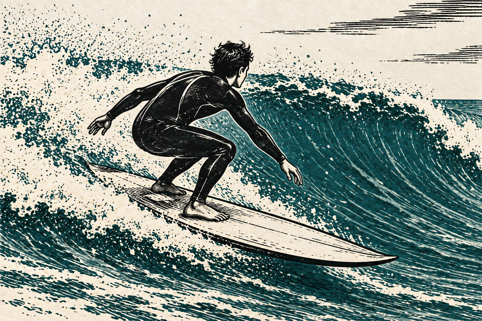 A close view of a surfer riding a rolling wave. Woodcut illustration in black and deep teal.